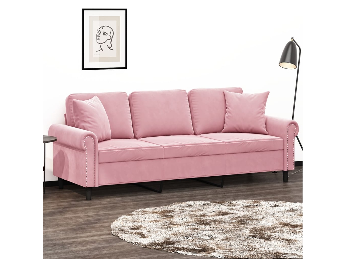 Sofá De 3 Plazas Con Cojines Terciopelo Rosa 180 Cm