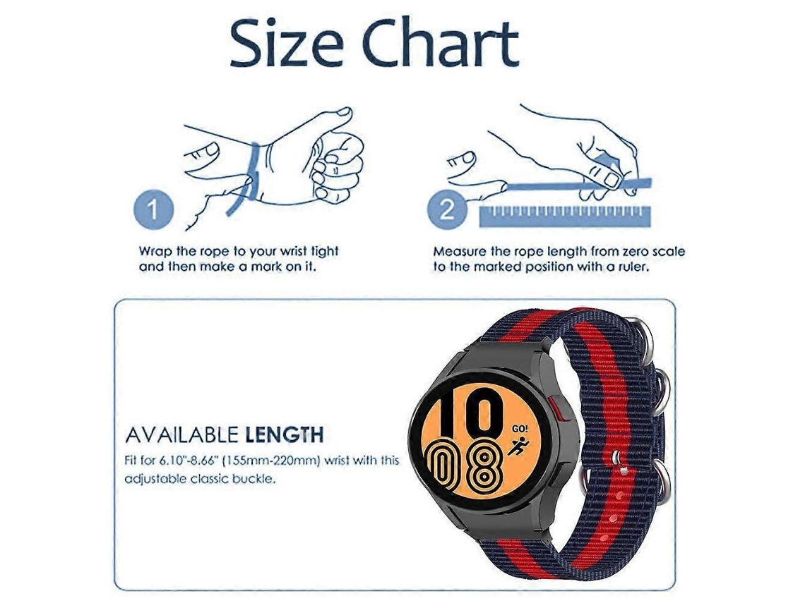 Pulseira De Lona Para Smartwatch, Compatível Com Watch 4 (40 Mm, 44 Mm) E Watch 4 Classic (46 Mm, 42 Mm), Com 3 Listras Nas Cores Azul E Vermelha.