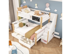 Cama Litera Infantil 90x200+140x200 - Multifuncional Con Pizarra Y Cajones - Blanco + Roble Claro