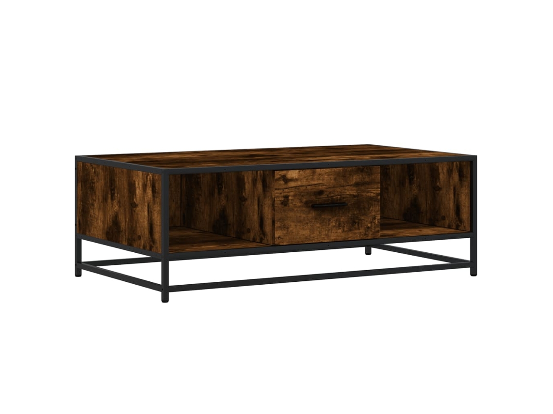 Mesa de centro con compartimento abierto y cajón, diseño moderno y contemporáneo, 100 x 57 x 35 cm, madera industrializada marrón y metal, Dec038349, Décoshop26