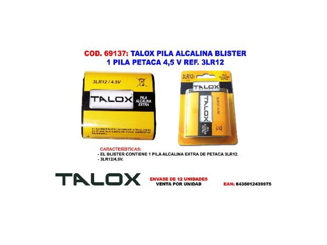 TALOX Pila Alcalina Blister 1 Pila Petaca 4,5 V 3Lr13