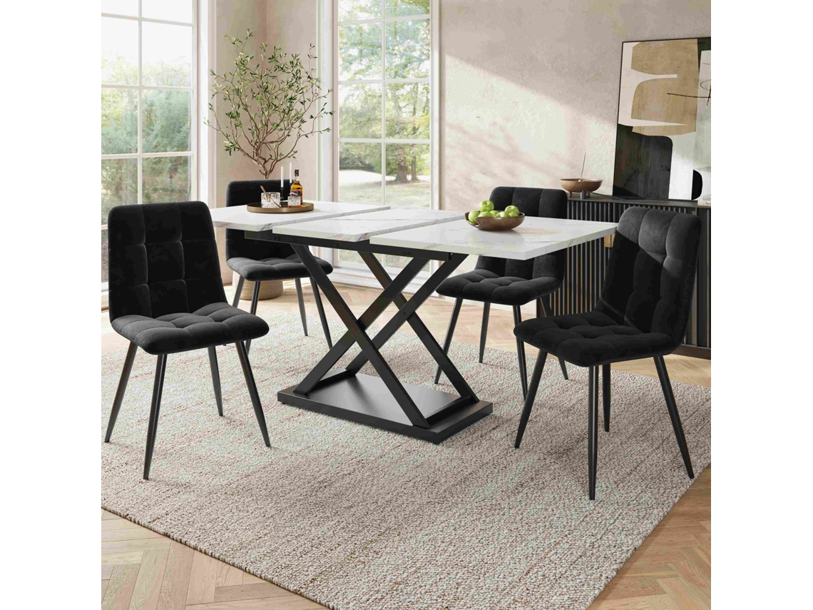 Mesa de comedor extensible de 160 x 80 cm con 4 sillas en terciopelo negro y mármol blanco.