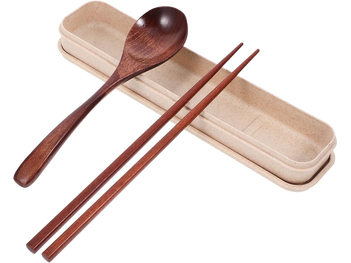 Juego De Cubiertos Reutilizables Inoomp Con Cuchara Y Palillos De Madera De Estilo Japonés, Cubiertos De Viaje Tallados