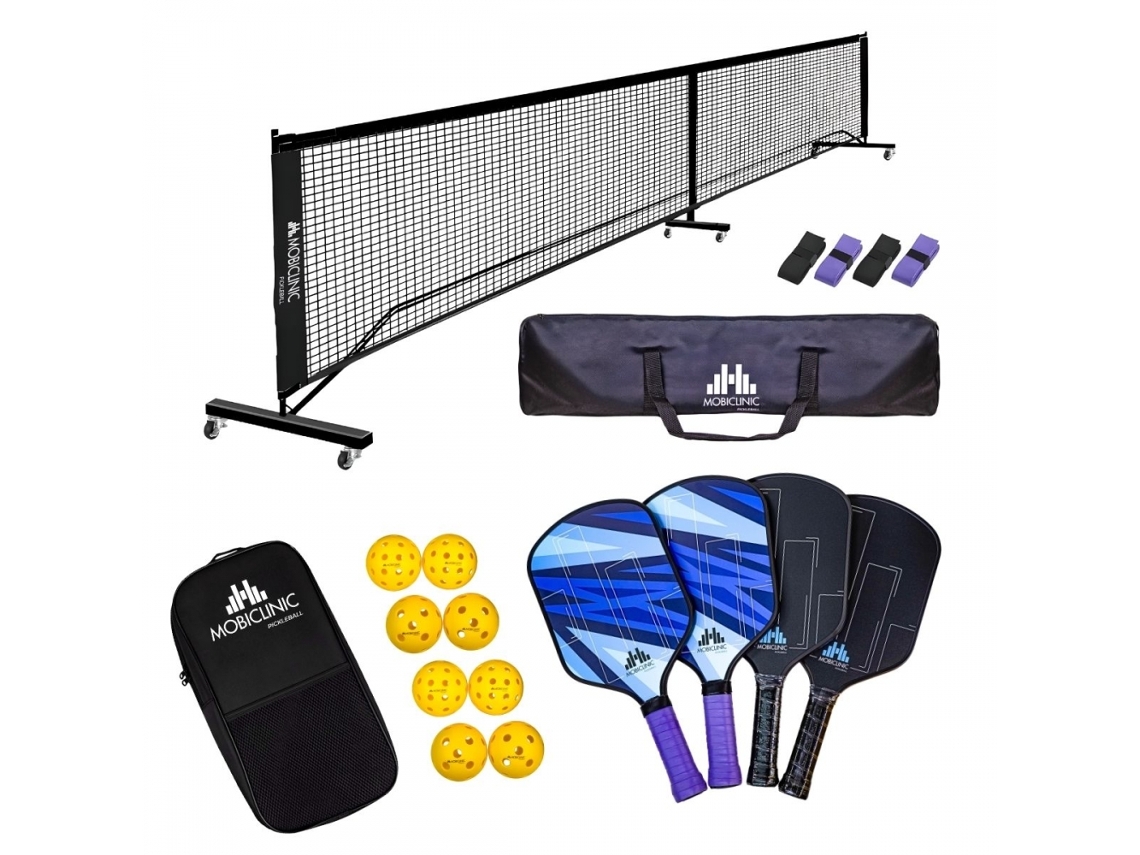 Juego completo de Pickleball: 4 paletas, 8 pelotas y red. Paquete completo de modificación Mobiall Mobiclinic