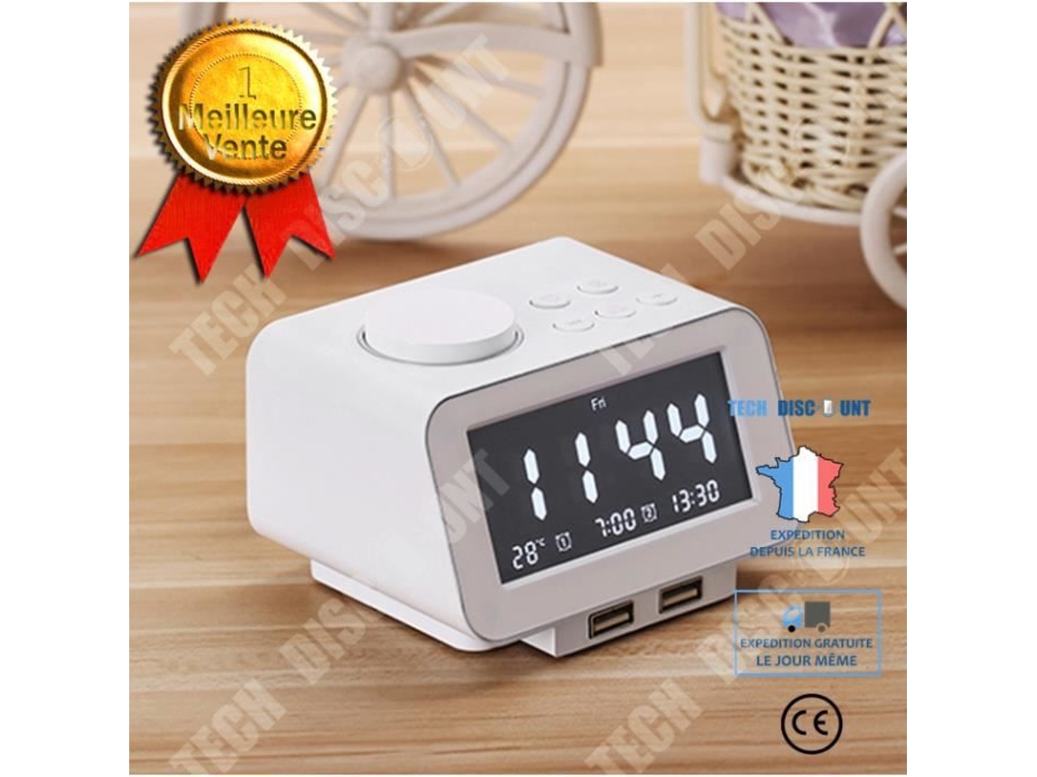 Radio reloj FM Pantalla LCD de brillo ajustable con cargador de teléfono USB dual - Blanco DESCUENTO TÉCNICO