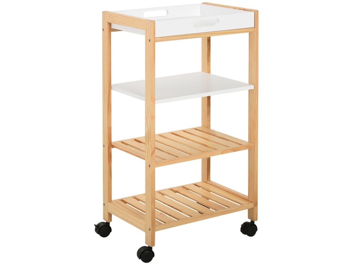 Carrito De Servicio De Cocina Con Ruedas, 3 Estantes, Bandeja Extraíble, Madera Mdf Blanca.