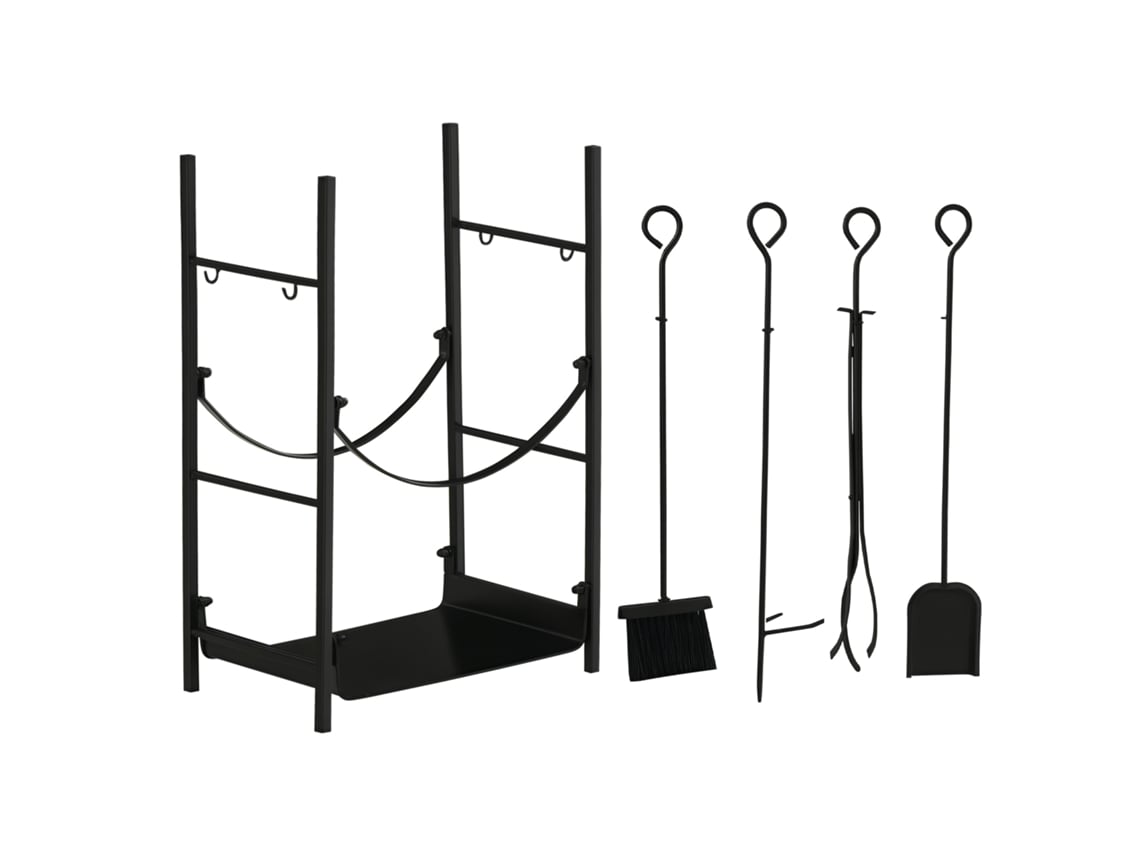 Suporte Elevado Para Lenha, Uso Interno Externo, 2 Prateleiras, Metal, Removíveis, Pá, Vassoura, Atiçador E Pinça. Capacidade De 70 Kg, Preto.