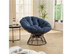 Silla Papasan De Mimbre Con Cojín Azul Marino Giratorio 360° Y Estructura Marrón.