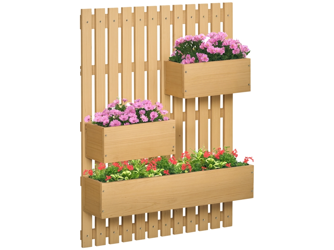 Macetero de pared de madera con celosía para 3 macetas, 60x16x80 cm, acabado natural.