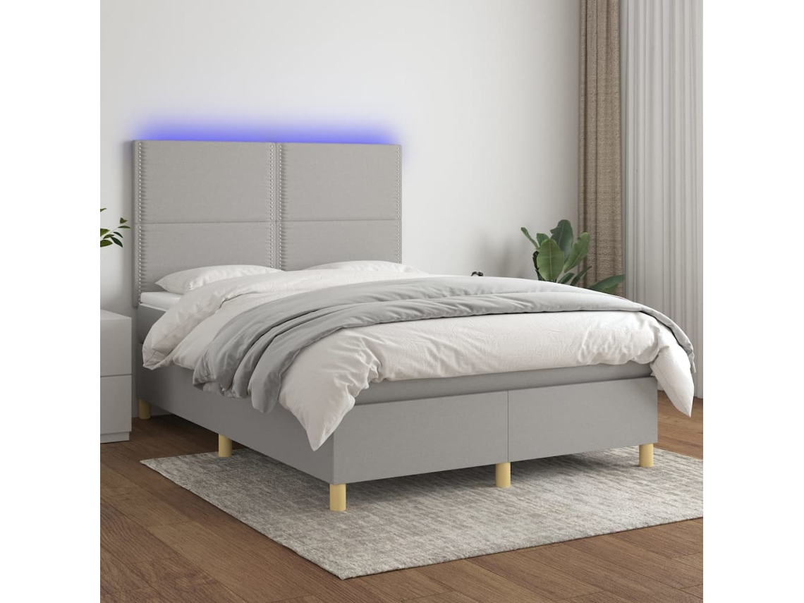 Cama Box Spring Colchón Y Luces Led Tela Gris Claro 140x200 Cm