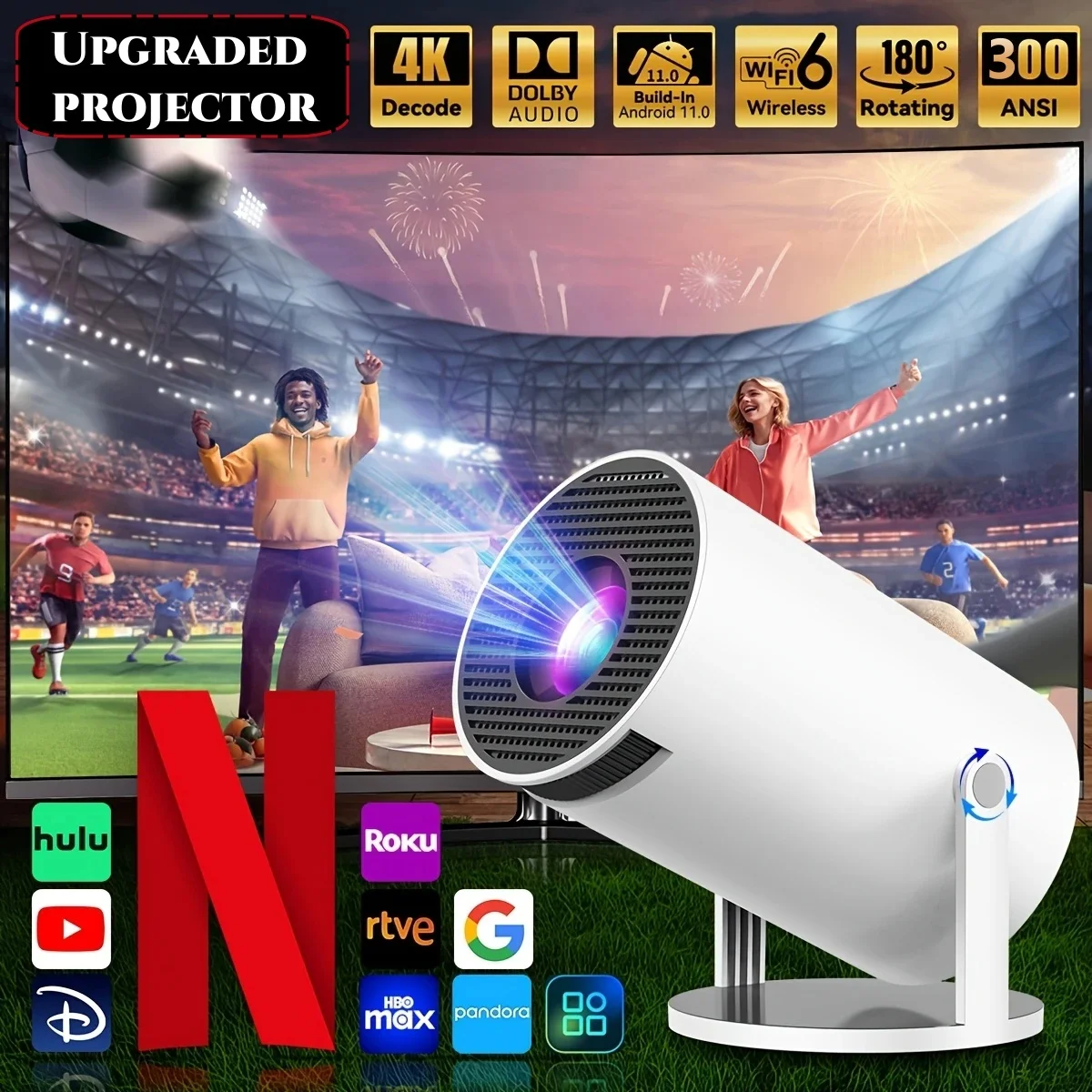Miniproyector Con Wifi 6 Y Bluetooth 5.4, Compatible Con Resolución 4k, Corrección Trapezoidal Vertical Automática Y Rotación De 180°.