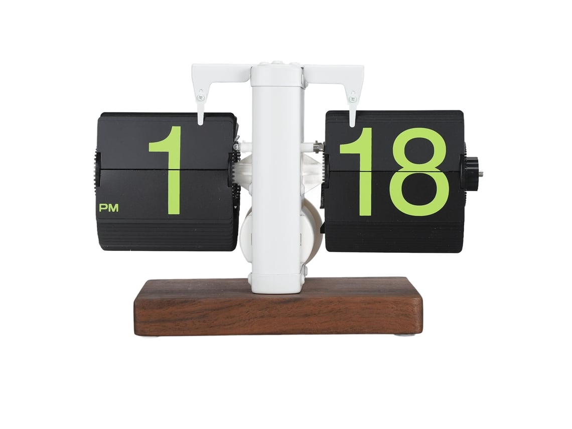 Reloj mecánico retro Baok de 12 horas con números grandes, base de madera, bisel blanco mate y esfera verde para sala de estar.