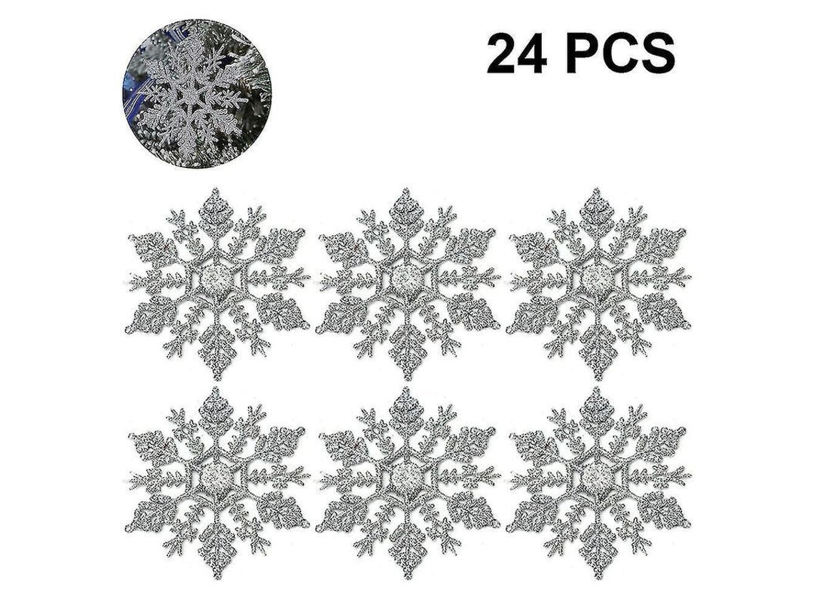 Fasst-24 Adornos De Copos De Nieve De Plástico Con Purpurina Para Navidad Blanco Oro Plata 10 Cm