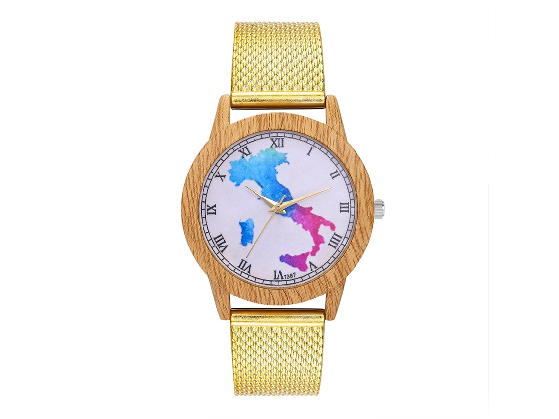 Reloj De Cuarzo Unisex Casual Con Correa De Malla De Acero, Dial Con Mapa Y Números Romanos, Oro Zhoulianfa
