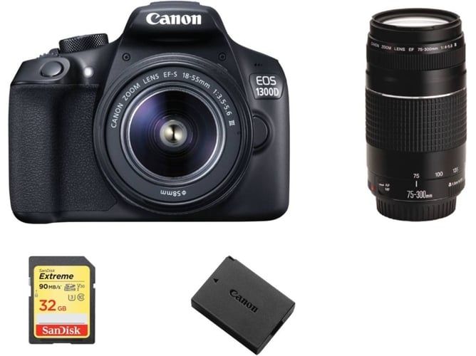 Kit Cámara Réflex CANON EOS 1300D EF-S 18-55mm F3.5-5.6 IS III + EF 75-300mm F4-5.6 III + 32G SD + LP-E10