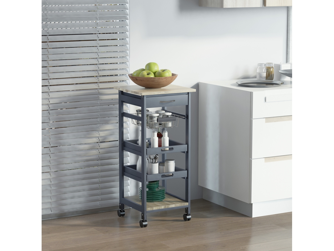 Carrito De Cocina Con Ruedas, Cesta + 2 Bandejas Extraíbles, Cajón, Estante De Madera De Roble Claro.