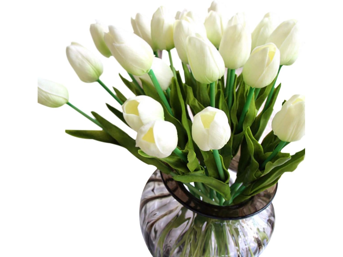 MEOIRUERY Juego de 10 Flores Artificiales de Tulipán para Decoración de Boda y Hogar - Blanco