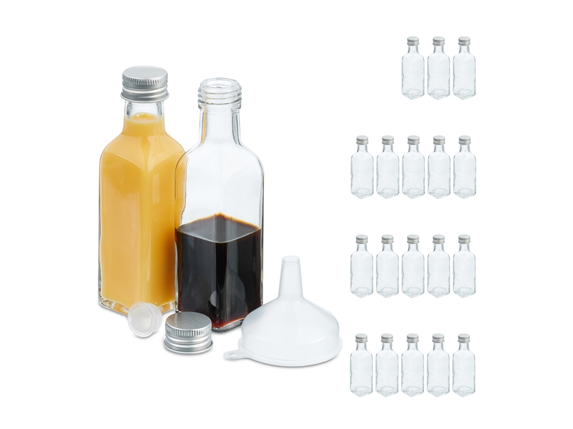 Relaxdays Pack Botellitas De Cristal, 20 Mini Botellas Para Rellenar, 100 Ml, Tapa Rosca Y Tapón, Transparente/plateado