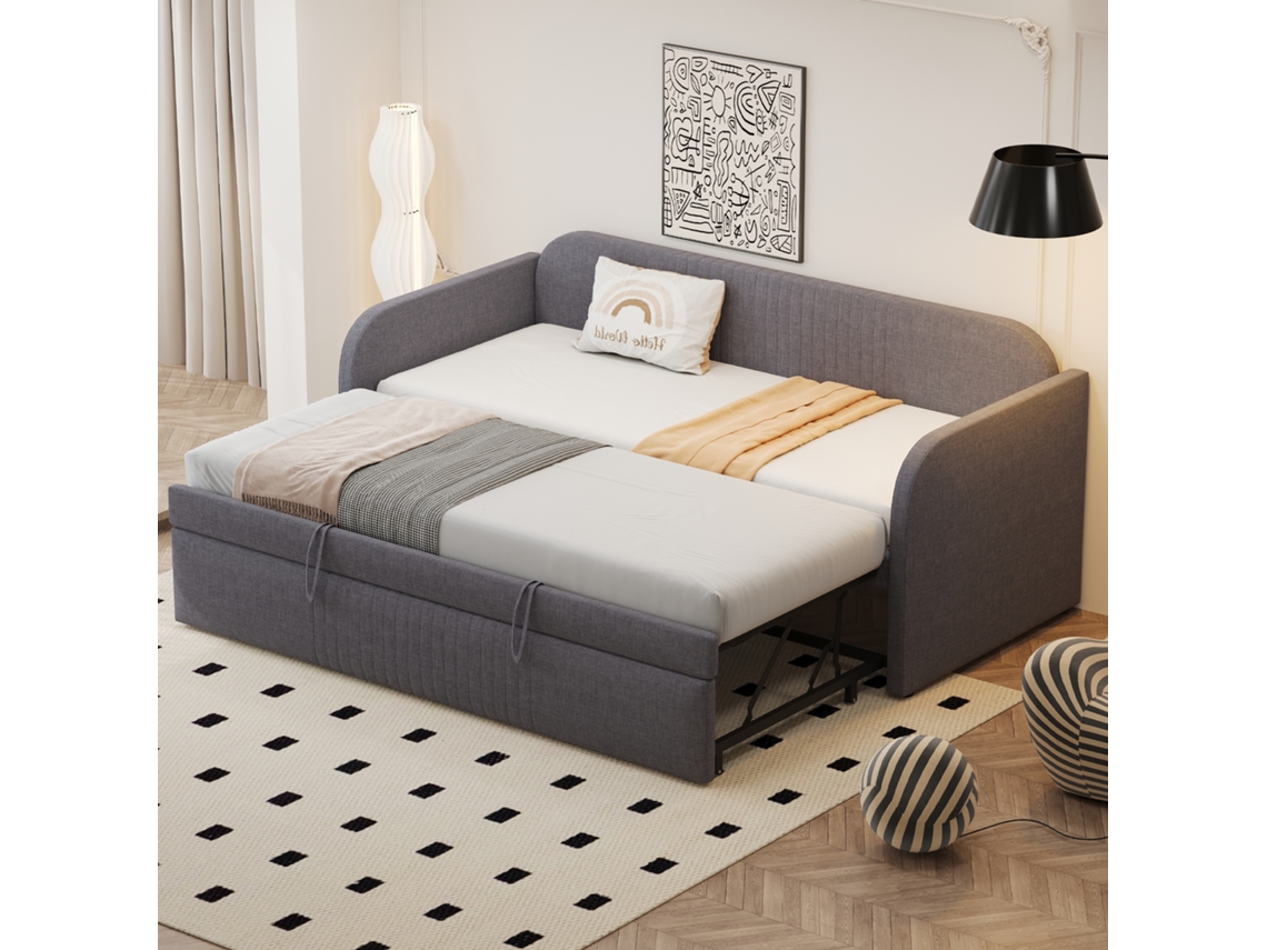 Sofá Cama 90/180x190 De Lino Gris Con Lamas Multifuncionales A Rayas