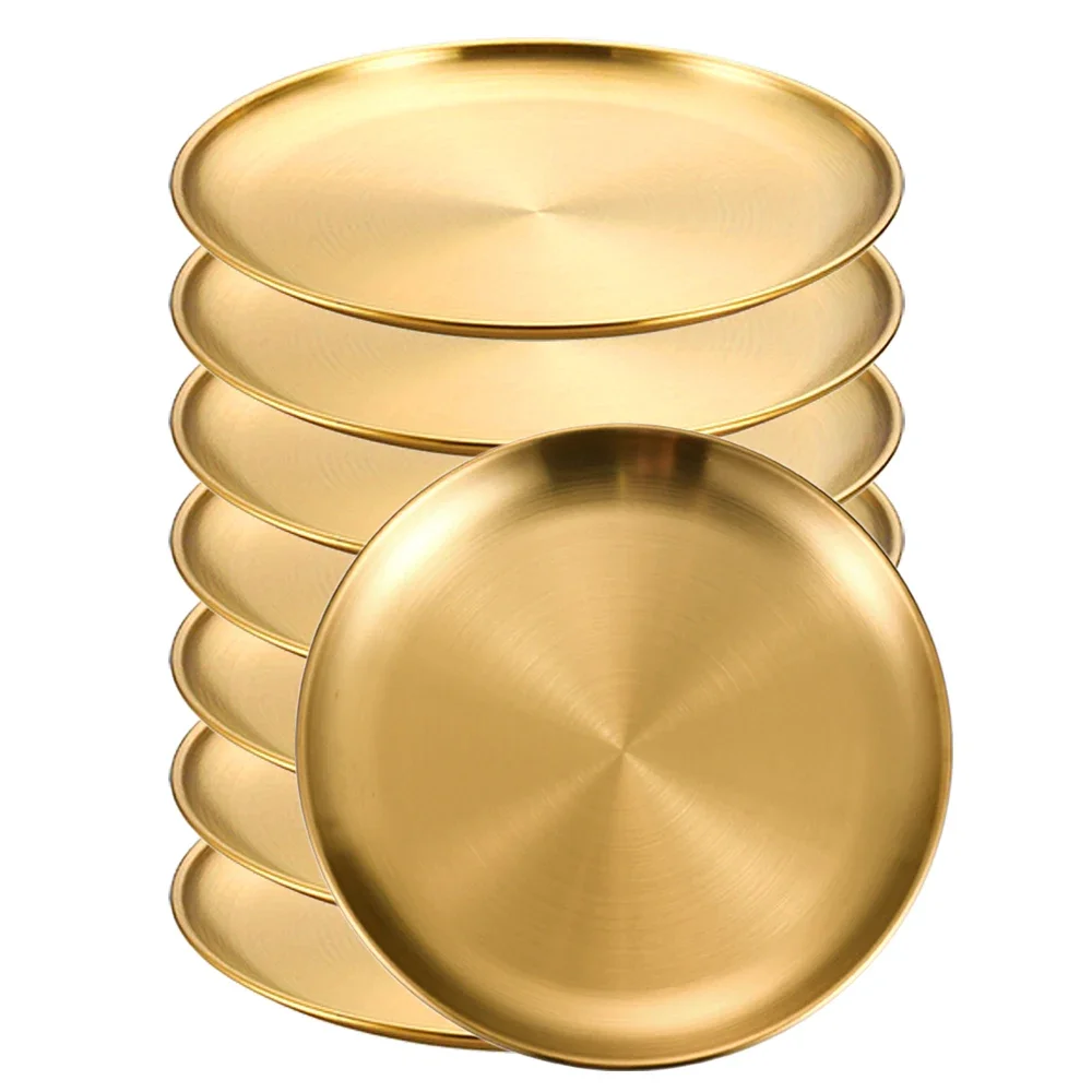 Bandejas redondas y poco profundas de acero inoxidable, resistentes a la corrosión, ideales para acampar, barbacoas, etc. MDUG (8 unidades, color dorado, 14 cm)