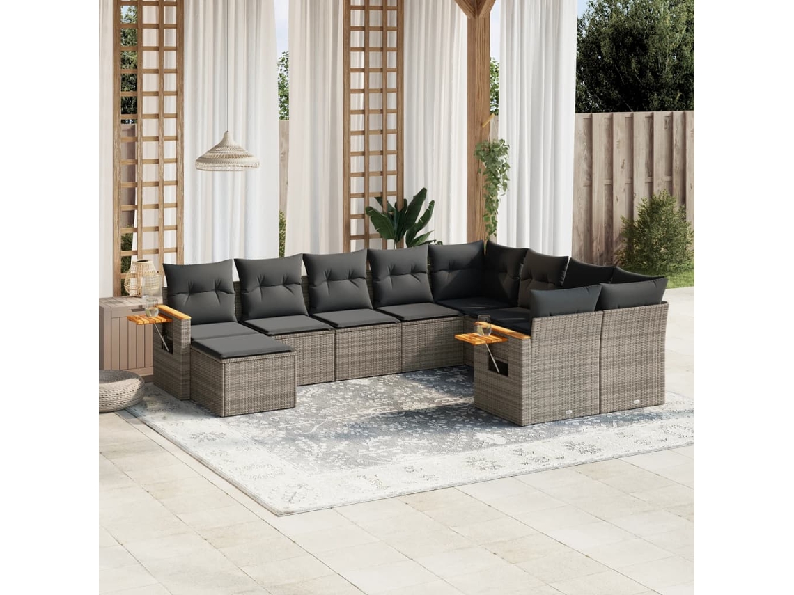 Conjunto de sofá de jardín de 10 piezas con cojines, ratán gris, DKD Home Decor