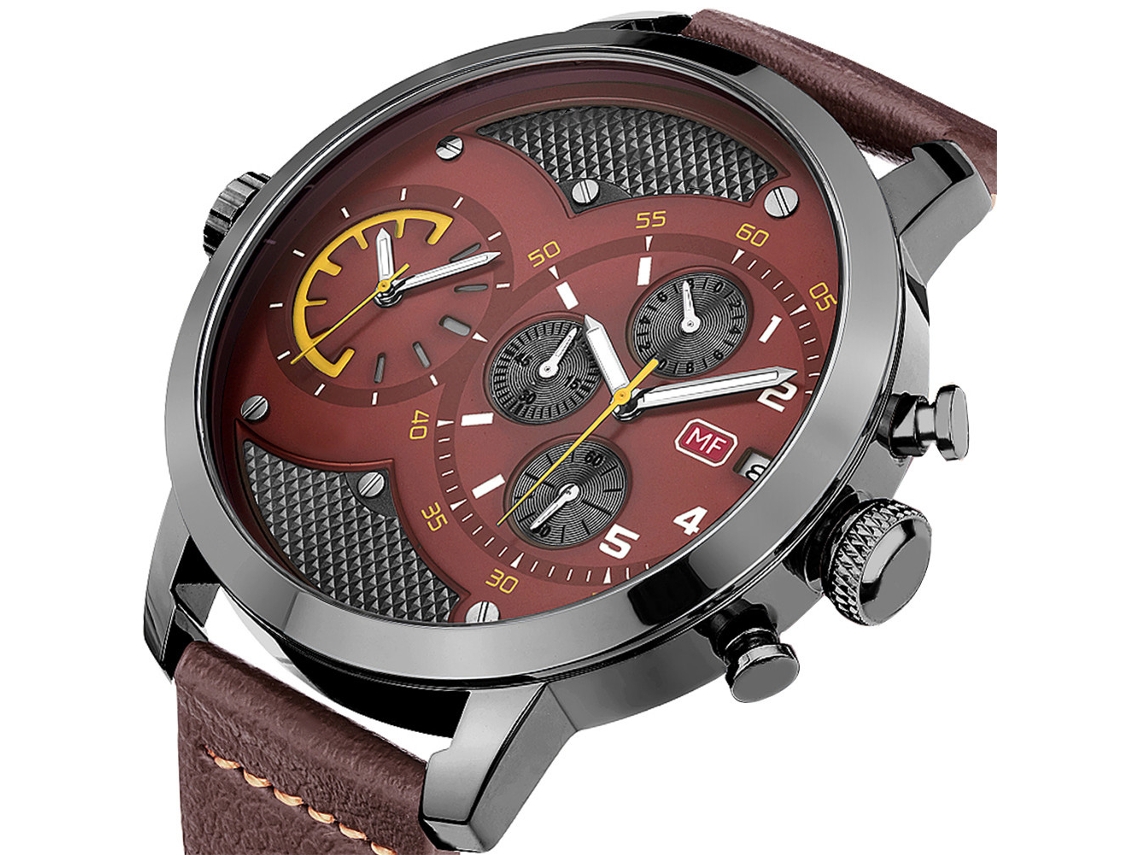 Reloj De Pulsera Para Hombre Mini Focus Analógico Multifunción Doble Tiempo Carcasa Grande Cuarzo Gris Marrón