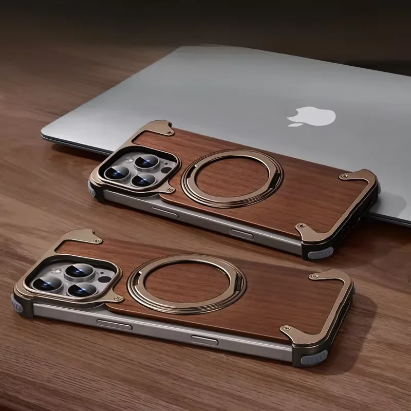 (iphone 15 Pro Max Amarillo) Funda De Madera Maciza Para Teléfono, Compatible Con Soporte Giratorio Magsafe De 360°.
