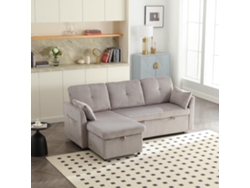 Sofá cama esquinero reversible en forma de L Nina con almacenamiento, terciopelo acanalado, bolsillos laterales, 5 cojines, para sala de estar, gris claro.