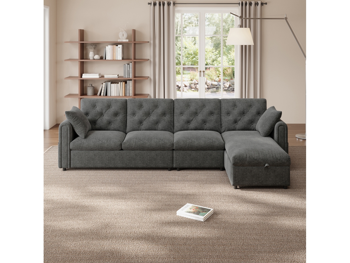 Sofá cama esquinero reversible en forma de L, tapizado en terciopelo, con espacio de almacenamiento, bolsillos para revistas, respaldo acolchado, ideal para salas de estar modernas, color gris.