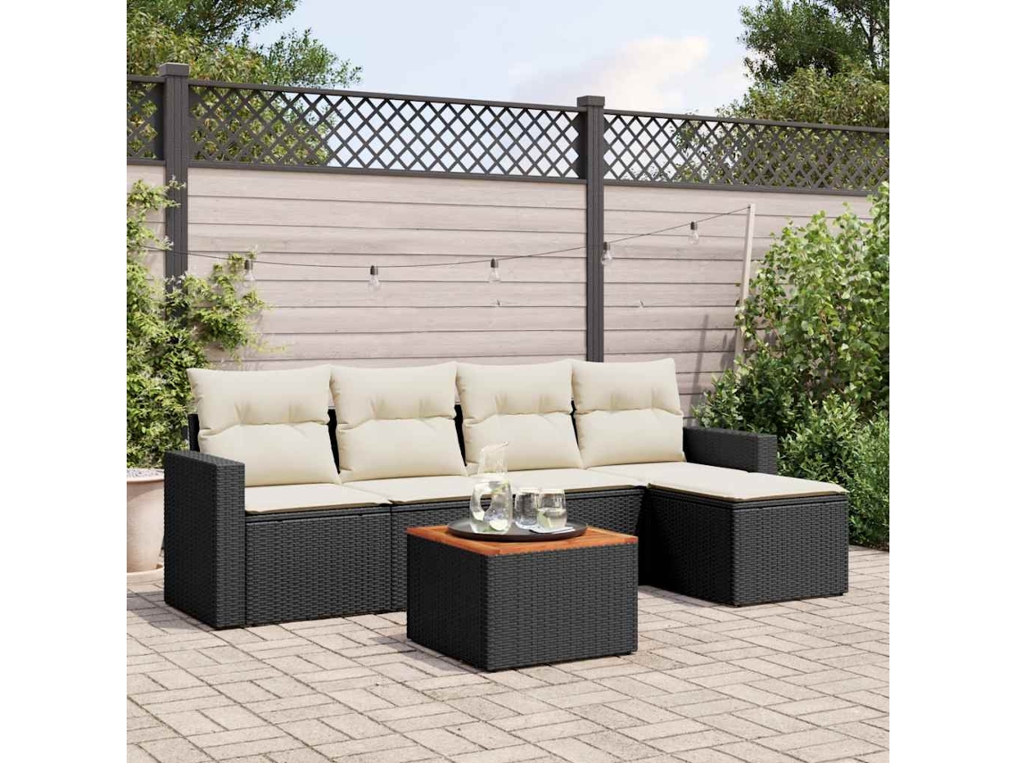 Conjunto de sofá de jardín de 6 piezas con cojines, mimbre sintético negro, DKD Home Decor