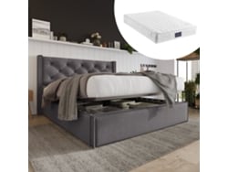 Cama Doble Con Somier Hidráulico, 140x200 Cm, Algodón, Gris, Láminas Metálicas, Colchón Incluido.