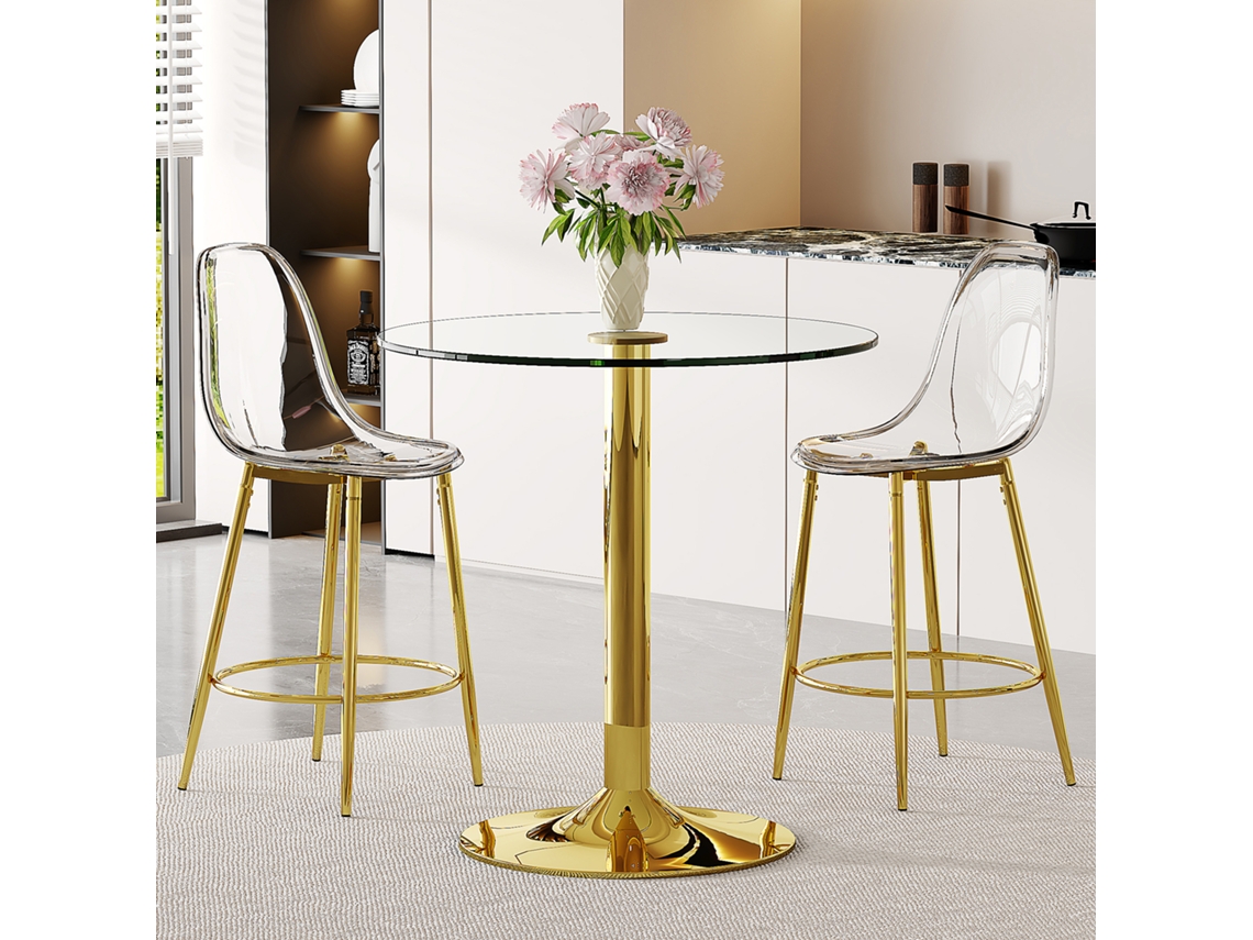 Juego De Bar Con Mesa De Cristal (89 Cm) Y 2 Taburetes De Bar Transparentes Dorados.