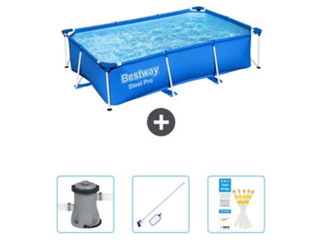 Piscina BESTWAY Rectangular Steel Pro - 259 x 170 x 61 cm - Azul - Incluida Bomba - kit de limpieza - Tiras de prueba