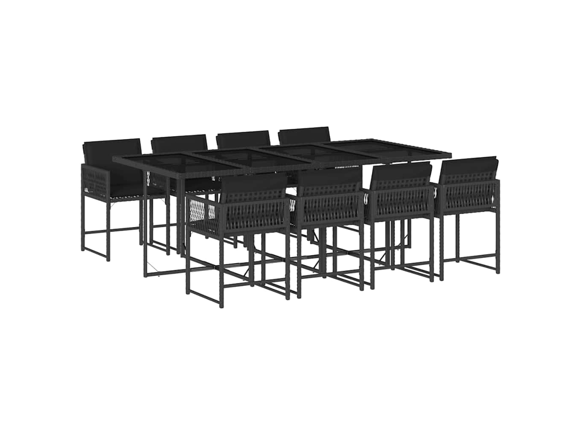 Juego de 9 piezas de comedor de jardín con cojines de mimbre, color negro, EXCLUSIVA DE LA CASA