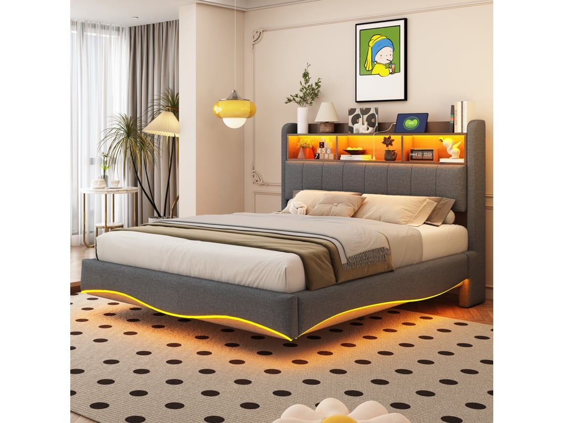 Cama Suspendida Tapizada En Lino, 140x200 Cm, Led Usb-c, Gris.