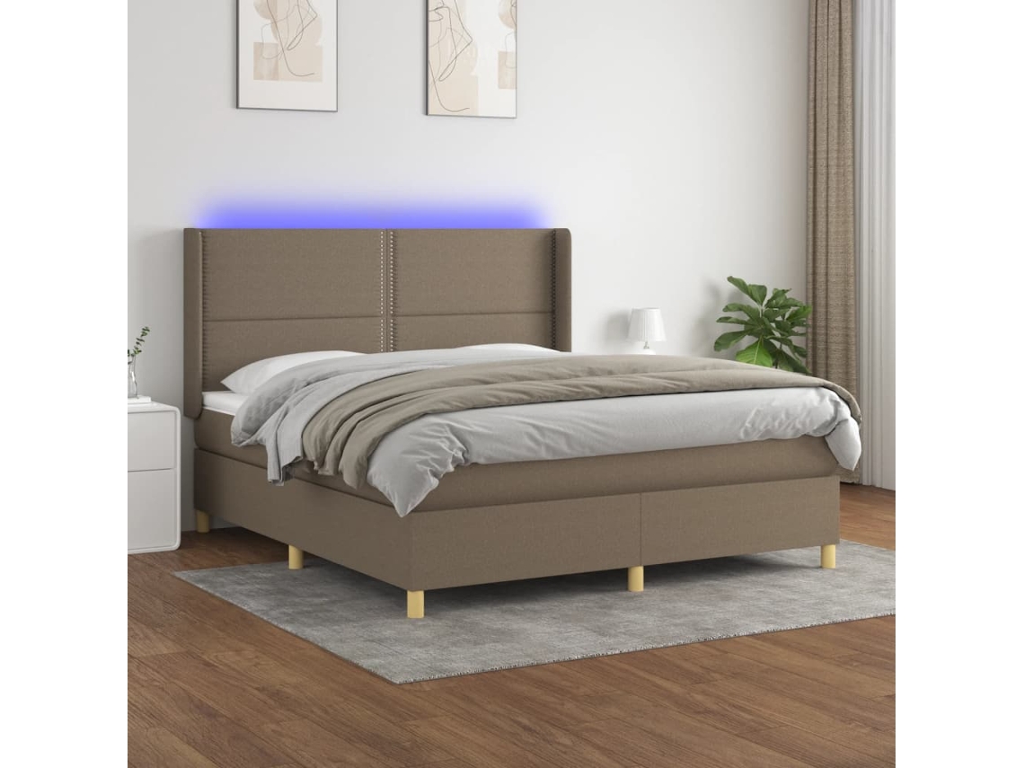 Cama Box Spring Colchón Y Luces Led Tela Gris Taupe 180x200 Cm