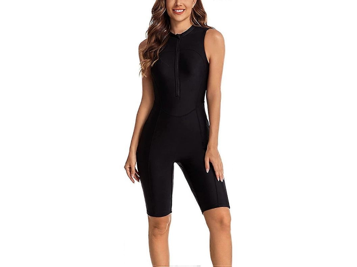 Traje De Baño Entero Para Mujer Manga Larga Rash Guard Zip Front Surf Natación Xxl Sin Mangas Negro 1494