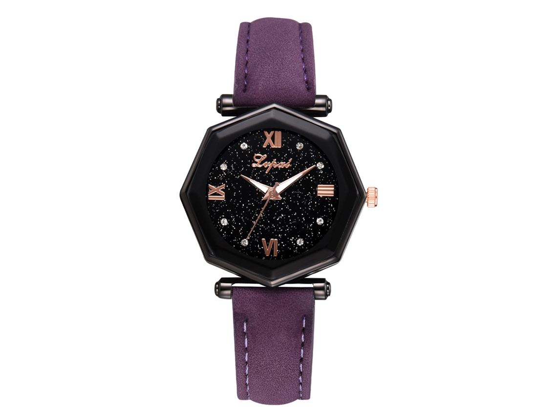 Reloj De Pulsera De Cuarzo Para Mujer Con Correa De Piel Sintética Morada Y Diamantes De Imitación.
