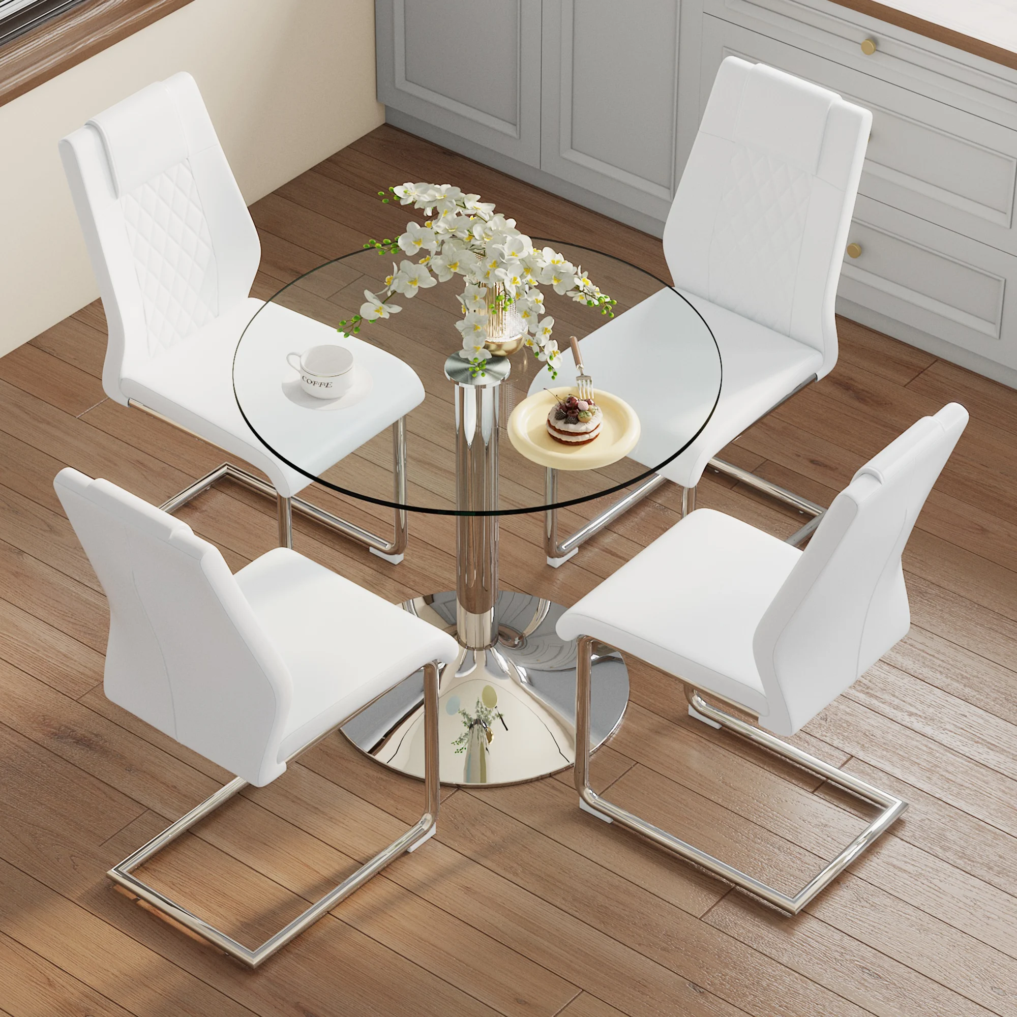 Conjunto Mesa Comedor 85 Cm - Minimalista Vidrio Templado 4 Sillas Pu - Blanco+plata