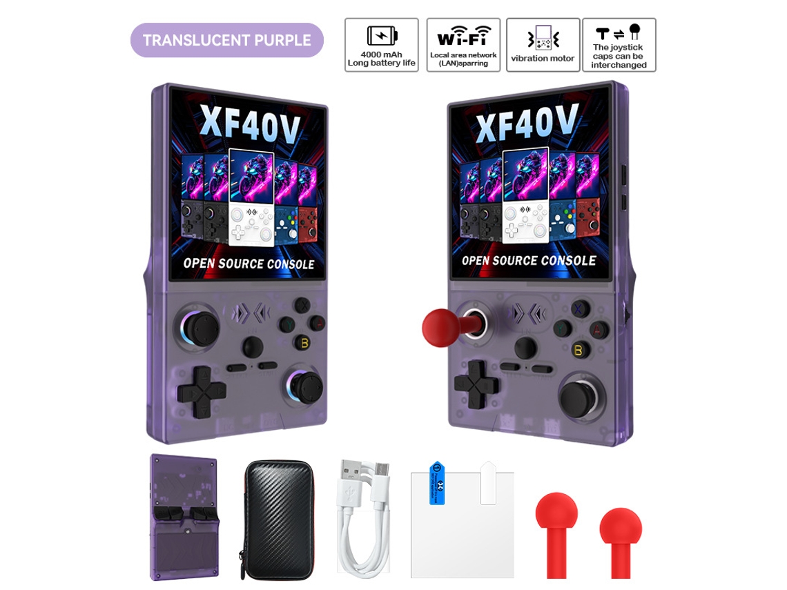 Consola portátil XF40V de código abierto | Pantalla RGB HD de 4", joystick y motor de vibración reemplazables, 128 GB, morado translúcido. XF40V Sfushos