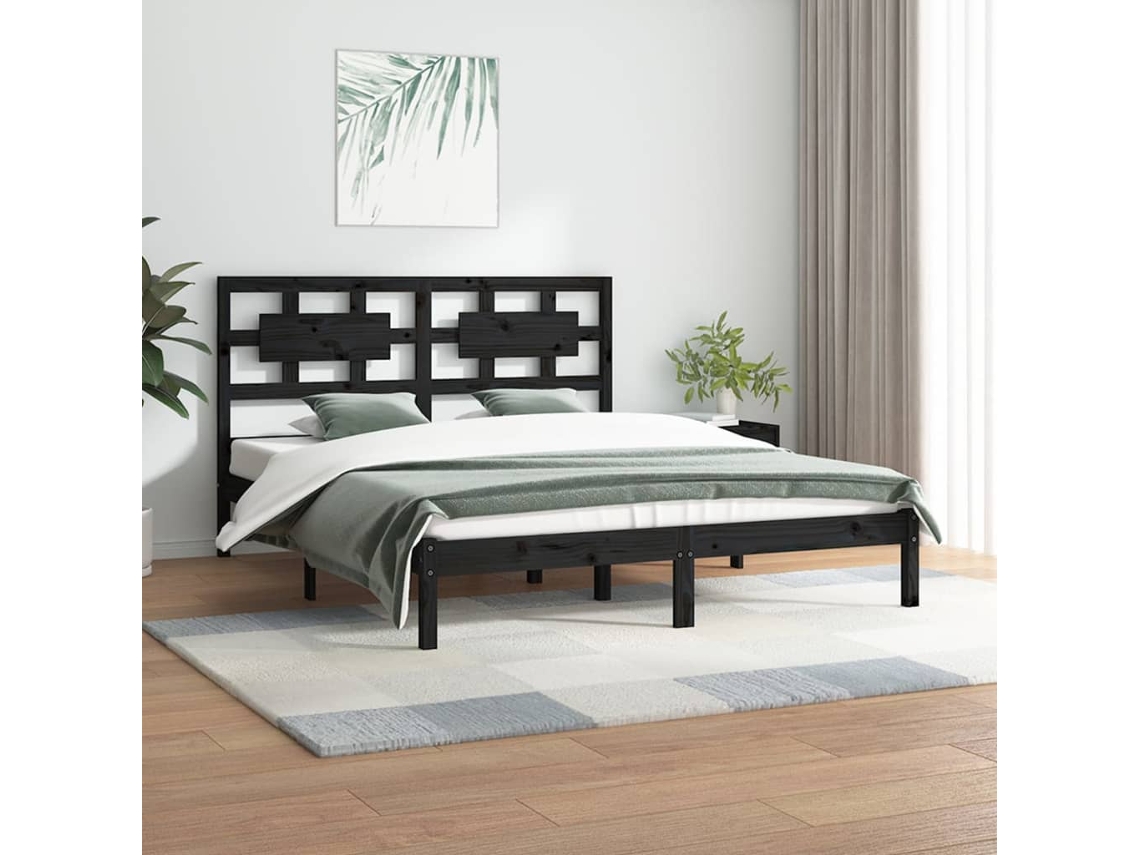 Estructura De Cama De Madera Maciza De Pino Negra 200x200 Cm