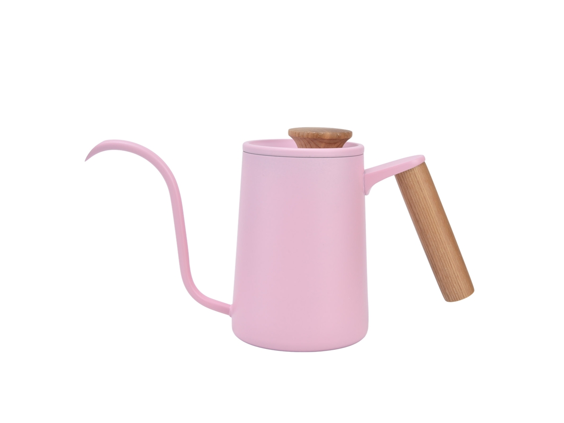 Cafetera de goteo con asa de acero inoxidable y pico de cuello de cisne, 600 ml, color rosa