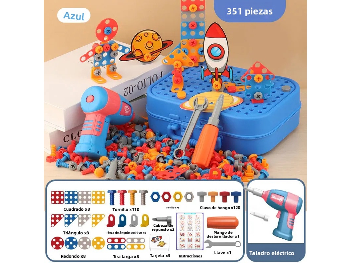 Juego de herramientas de montaje infantil con brocas para taladro eléctrico, tornillos, tuercas y rompecabezas - Mdug (azul, 351 piezas)