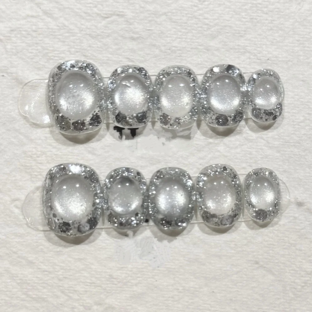 (616-m) Paquete De 10 Uñas Postizas Cortas, Redondas Y Hechas A Mano, Estilo De Presión.