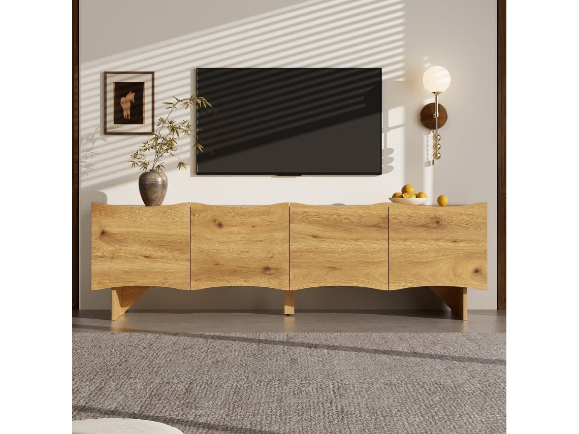 Mueble Tv Moderno 155 Cm - Estilo Con Ondas, 4 Puertas, Almacenamiento Y Pasacables - Natural