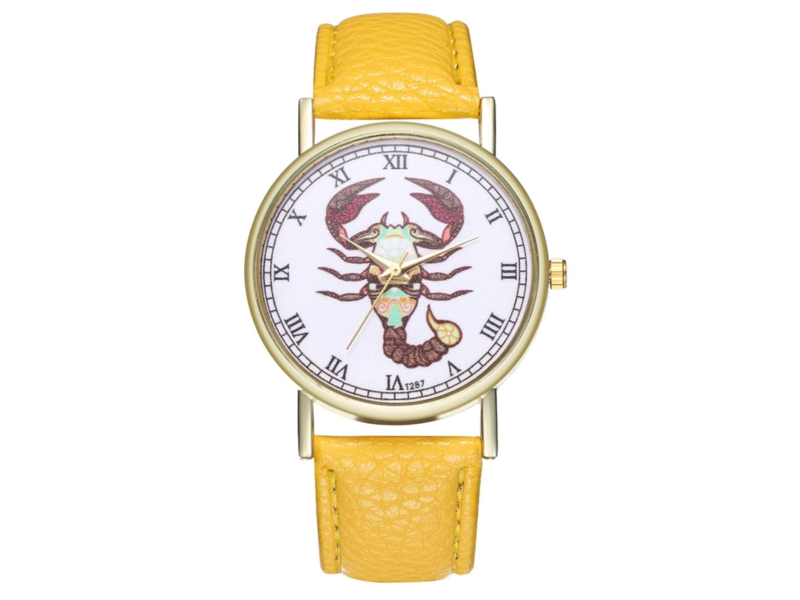 Reloj De Cuarzo Con Brazalete De Piel Pu Fashion Para Mujer Dial Redondo Amarillo