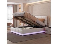 Cama Moderna De Polipiel Blanca De 140x200 Cm Con Iluminación Led Y Almacenamiento.