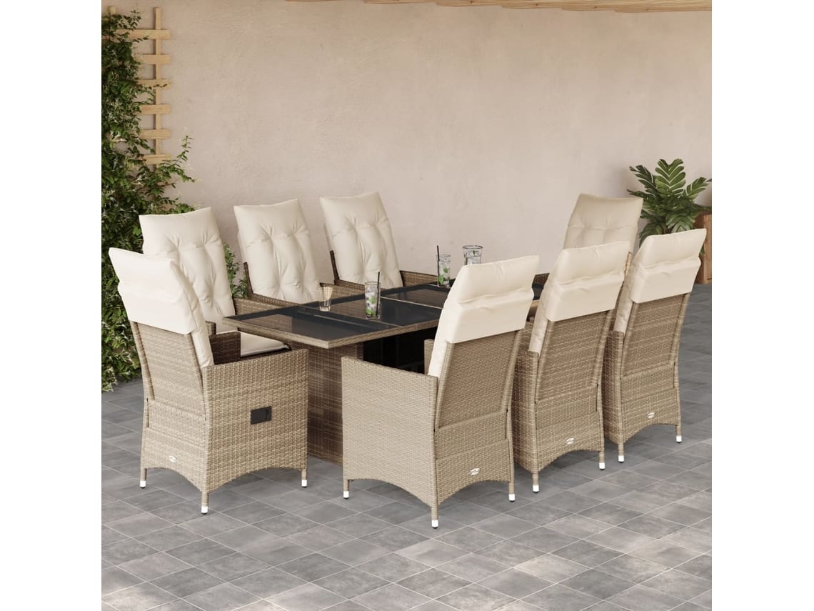 Juego de comedor de jardín de 9 piezas con cojines, mimbre sintético beige, DKD Home Decor