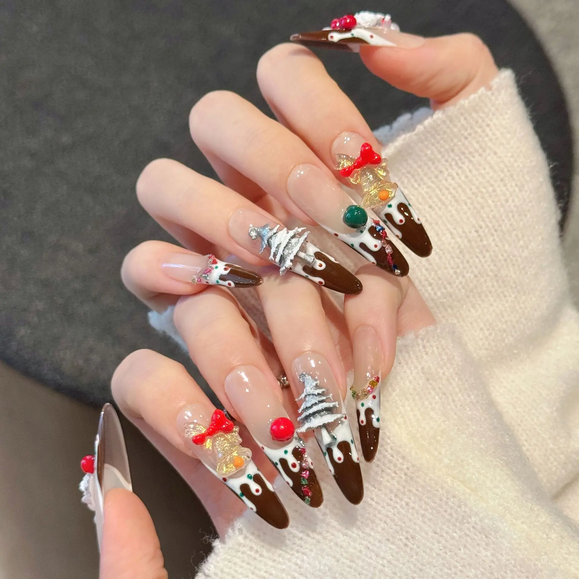 (3007-s) Paquete De 10 Pegatinas Navideñas Hechas A Mano Para Uñas Postizas Ovaladas Extralargas.