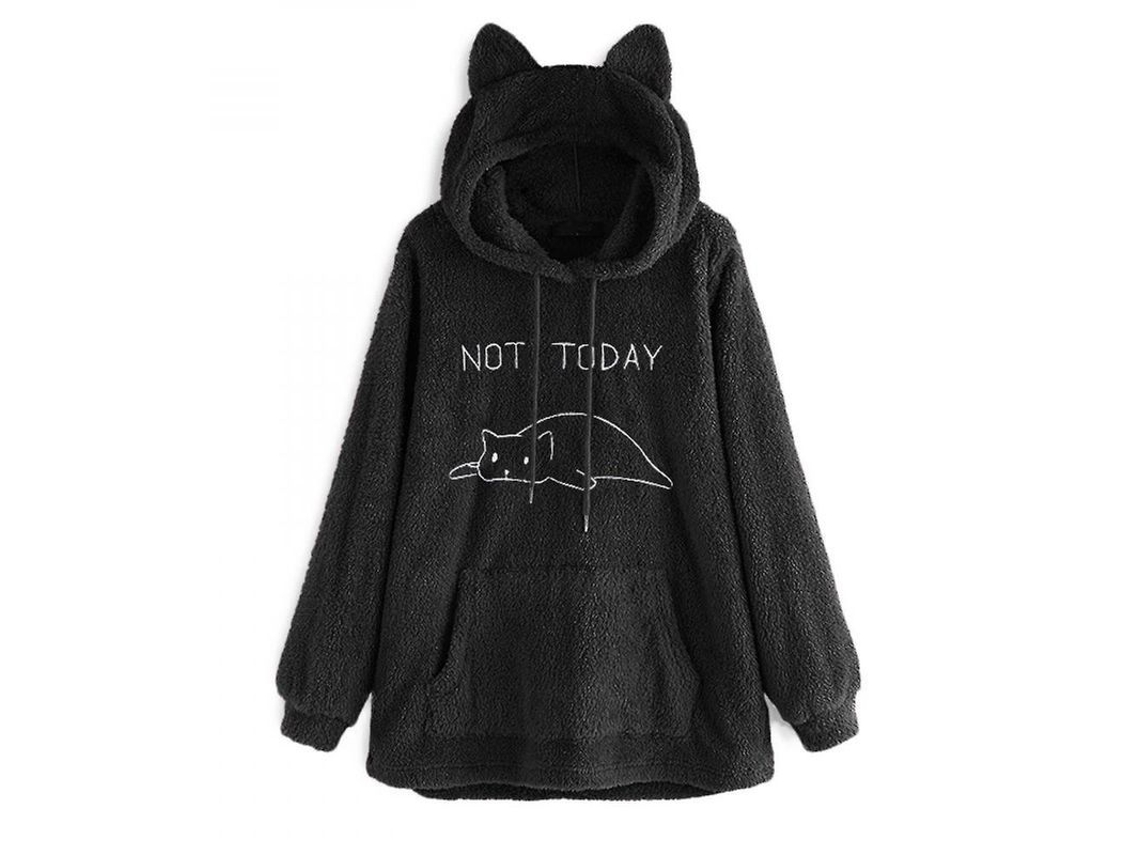 Sudadera Extragrande Para Mujer Con Orejas De Gato, Invierno, Reversible, Peluda, Bordada, Negra Fnw L